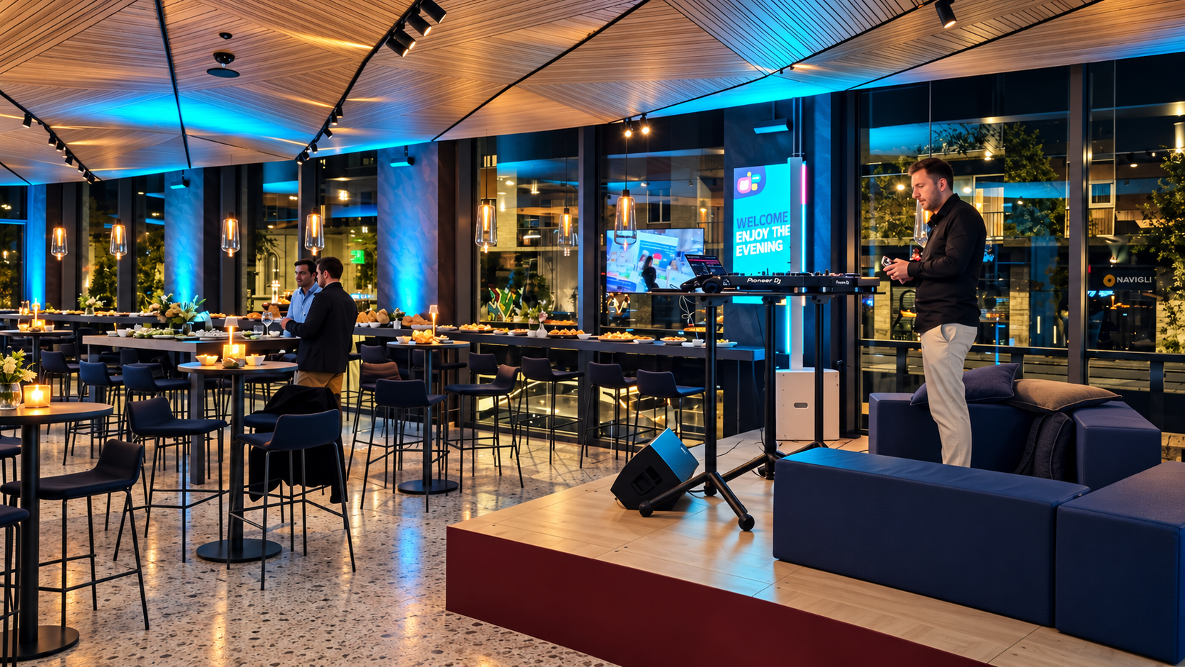 Corporate evening with tables and blue lighting