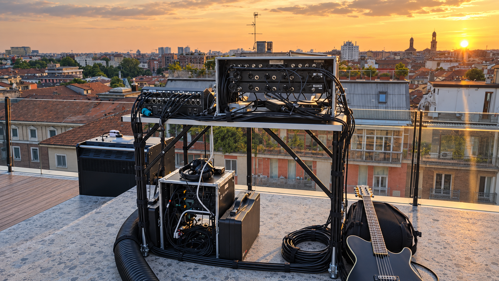 Lighting truss on a terrace at sunset