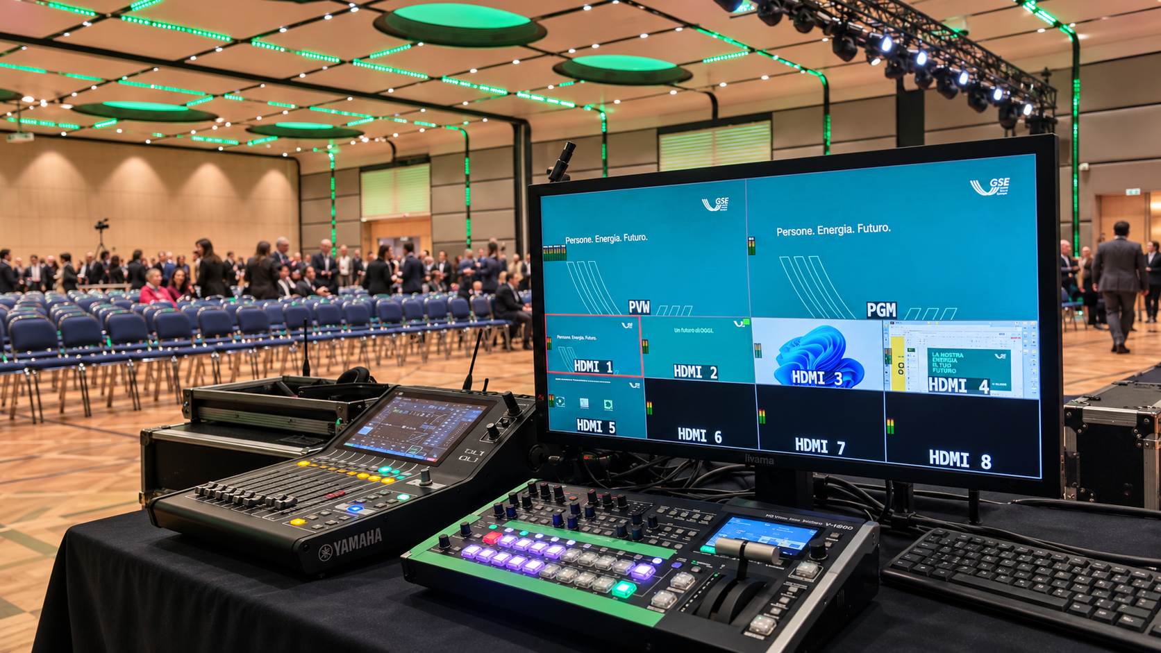 Conference hall with LED wall and audience