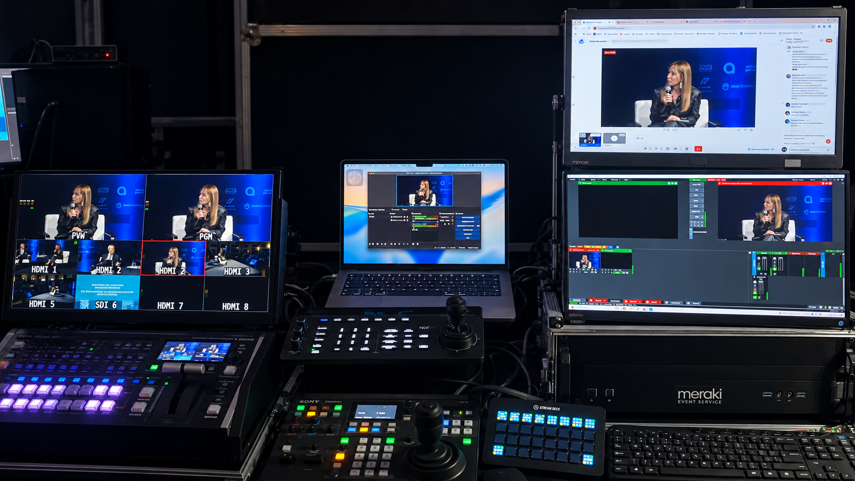 Video control room with monitoring screens