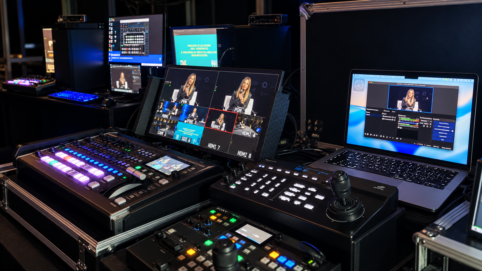 Multi-camera video control desk with joystick