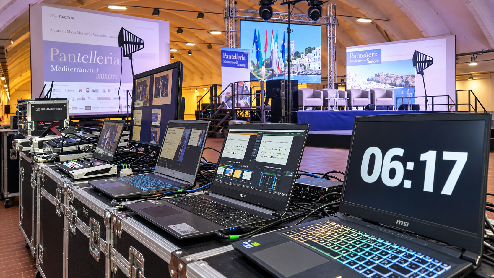 Control room under a marquee with timer